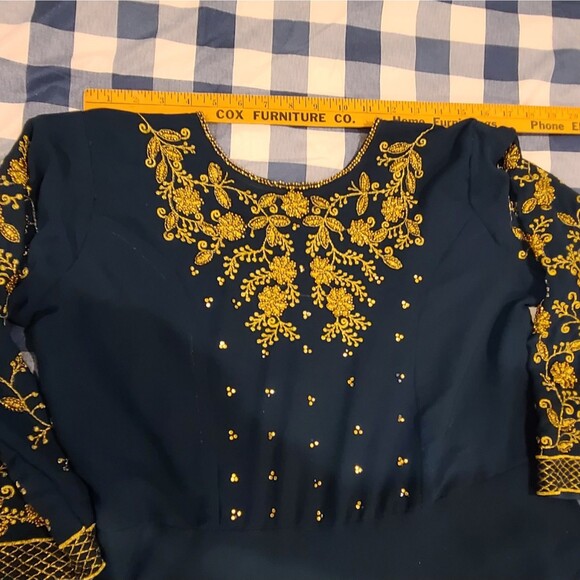 Gayatri Art Teal w/Gold Beadwork Anarkali-Style Dress – XL (ish) – Made in India - Picture 3 of 9